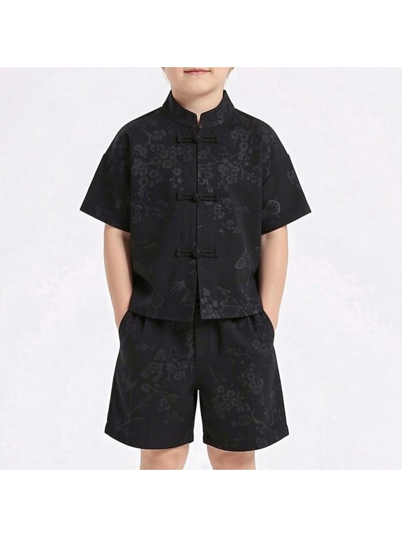 Kids Boys 2-Piece Traditional Tang Style Summer Outfit Mandarin Collar Shirt And Shorts Casual Playwear Black 150