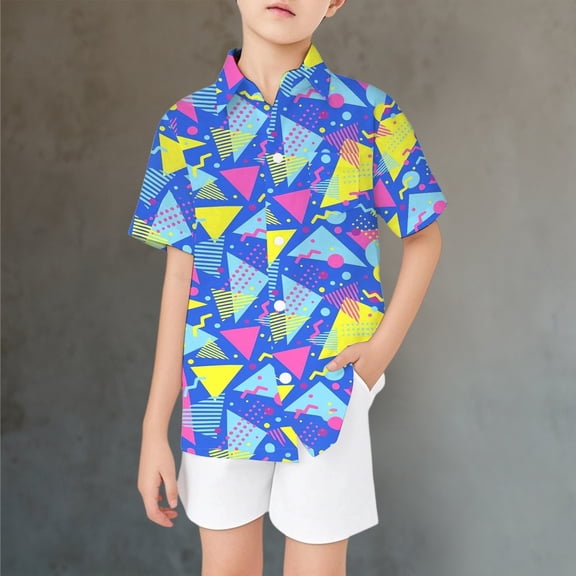 Rove Studio Kids Boys 80s Memphis Geometric Print Short Sleeve Button-Down Shirt, Casual Summer Retro Hawaiian Style Top (3-13Y) Blue 120