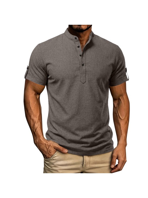 Men’s Henley Short Sleeve Shirt, Half Button Casual Pullover Top, Breathable Solid Color Shirt for Daily & Summer Wear Khaki L