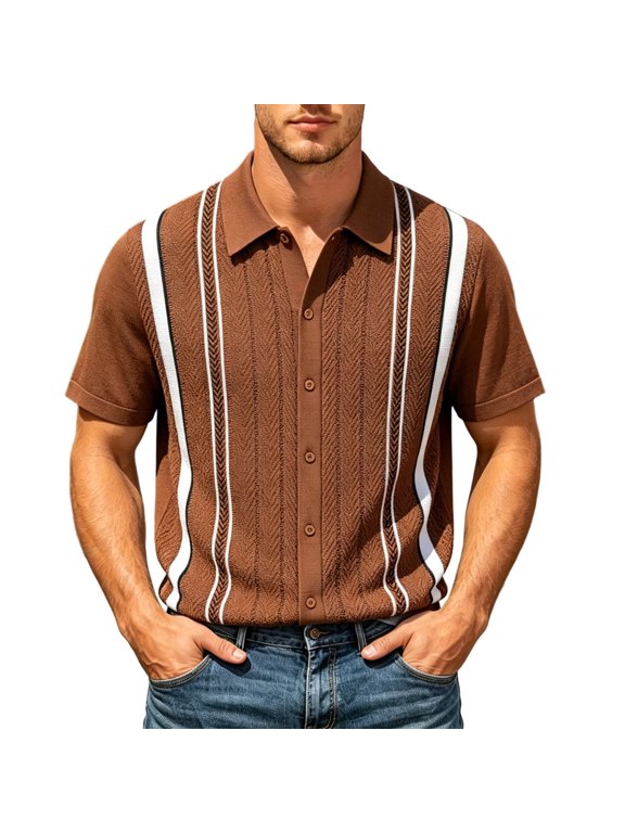 Knit Shirt Casual Button Down Long Sleeve Stretch Dress Shirt Travel Business Work Top Brown XXXL