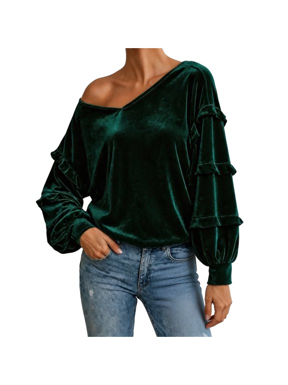 Luxurious Velvet Sleeve Top For – Cozy Autumn Winter Casual Sweatshirt Style With Neckline Plus Size Fashionable Knit Top Green L