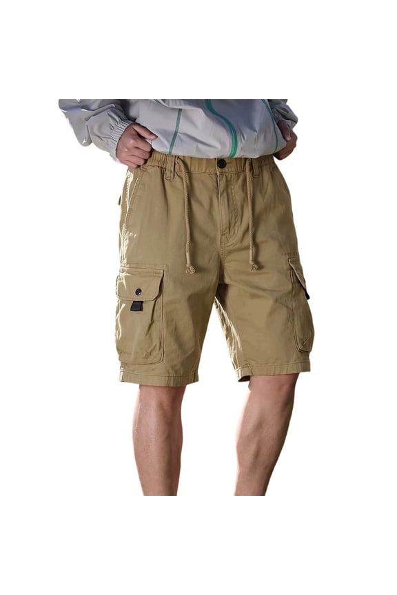 Men 6 Inch Inseam Solid Cargo Work Shorts, Hybrid Elastic Waist Multi Snap Utility Pockets Relaxed Fit Twill Tooling Shorts Outdoor Daily Casual Wear Brown 30