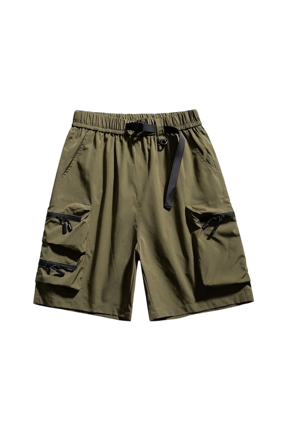 Men Adjustable Buckle Waist Nylon Cargo Shorts, Multi Zipper Utility Pockets Lightweight Breathable Rugged Outdoor Travel Everyday Casual Summer Shorts Army Green M
