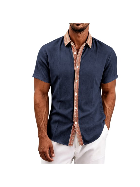 Men Bohemian Contrast Trim Short Sleeve Button Down Shirt, Loose Lapel Casual Summer Light Polyester Paisley Print Collar Top For Daily Outdoor Wear Navy XXXL