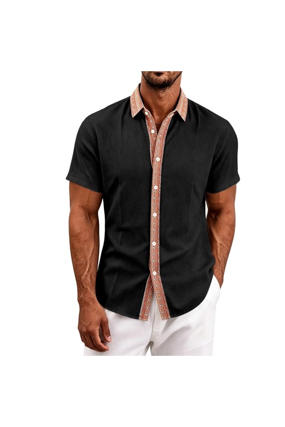 Men Bohemian Contrast Trim Short Sleeve Button Down Shirt, Loose Lapel Casual Summer Light Polyester Paisley Print Collar Top For Daily Outdoor Wear Black S