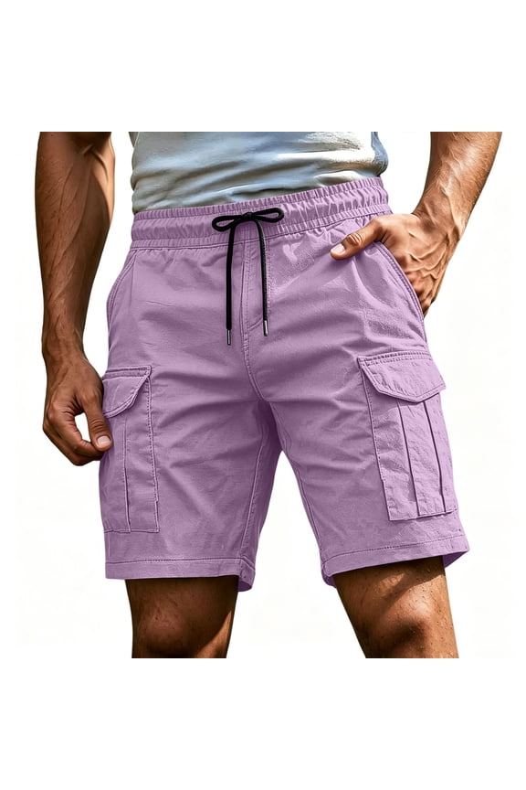 Men Drawstring Elastic Waist Cargo Shorts, Multi Utility Pockets Lightweight Breathable Polyester Loose Fit Summer Hiking Outdoor Casual Active Bottoms Purple M