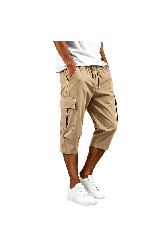 Men Elastic Drawstring Capri Cargo Shorts, 7 Inch Inseam Lightweight Resistant Polyester Slim Fit Summer Travel Hiking Everyday Casual Cropped Shorts Khaki L
