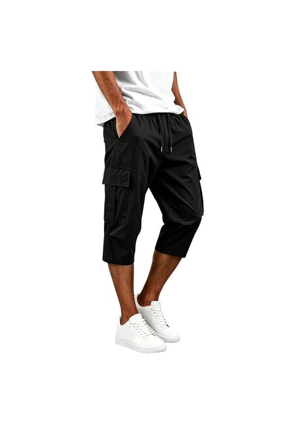 Men Elastic Drawstring Capri Cargo Shorts, 7 Inch Inseam Lightweight Resistant Polyester Slim Fit Summer Travel Hiking Everyday Casual Cropped Shorts Black L