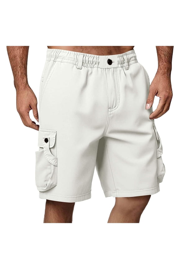 Men Hybrid Waist Utility Cargo Shorts, Button Flap Side Pockets Lightweight Polyester Relaxed Fit Outdoor Work Everyday Casual Summer Shorts White M