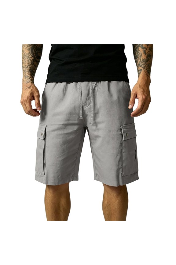 Men Lightweight Flax Cargo Shorts, Drawstring Elastic Waist Multi Side Pocket Knee Length Shorts, Breathable Stretch Summer Beach Outdoor Daily Casual Men’s Shorts Dark Gray S