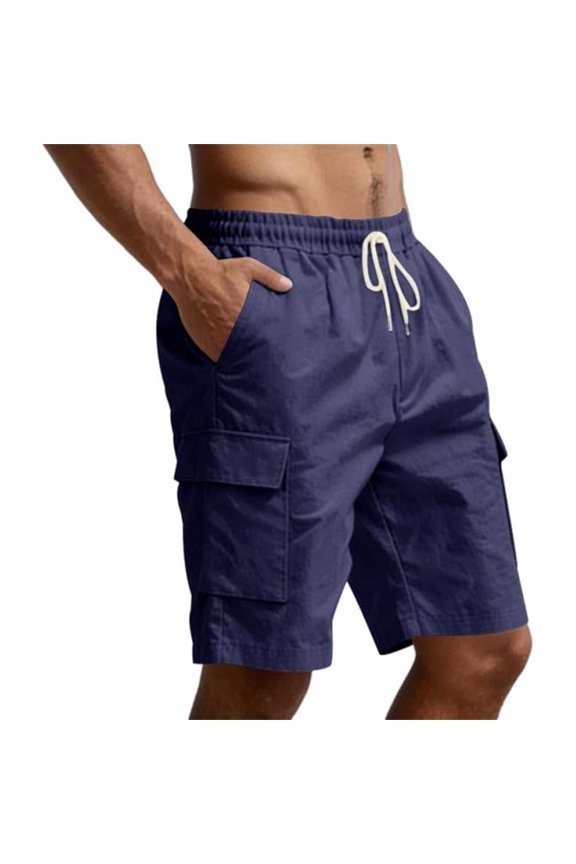 Men Loose Fit Linen Cargo Shorts, Drawstring Elastic Waist Multi Side Pockets Water Resistant Lightweight Outdoor Sports Summer Beach Casual Work Shorts Navy S