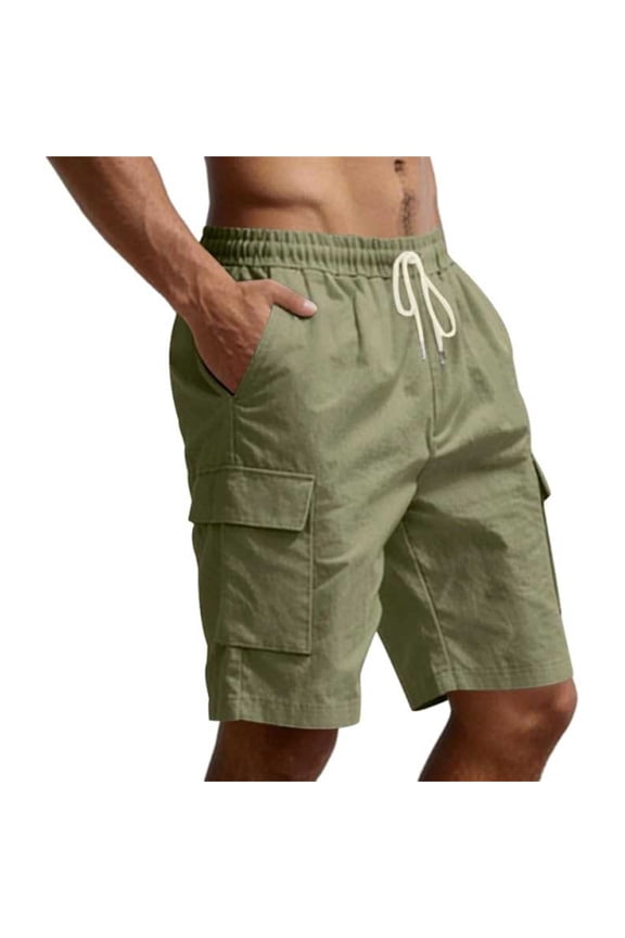 Men Loose Fit Linen Cargo Shorts, Drawstring Elastic Waist Multi Side Pockets Water Resistant Lightweight Outdoor Sports Summer Beach Casual Work Shorts Army Green S