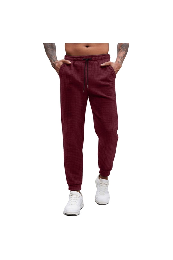 Men Loose Fit Waffle Knit Jogger Pants, Drawstring Elastic Waist Non-Stretch Solid Color Polyester Trousers, Warm Autumn Winter Daily Loungewear Casual Long Pants Wine M