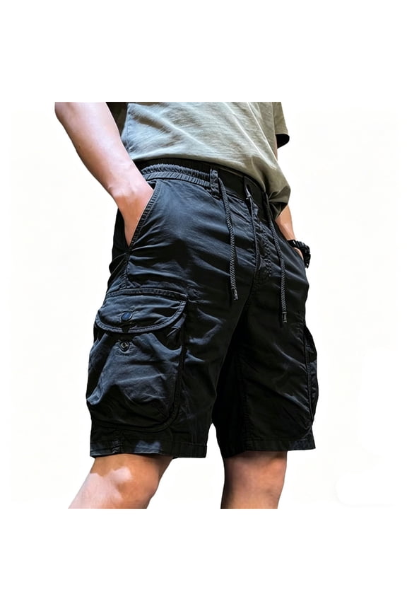 Men Loose Straight Cargo Shorts, Drawstring Elastic Waist Multi Flap Pocket Polyester Five Inch Shorts, Lightweight Summer Outdoor Work Daily Casual Men’s Cargo Shorts Black XL