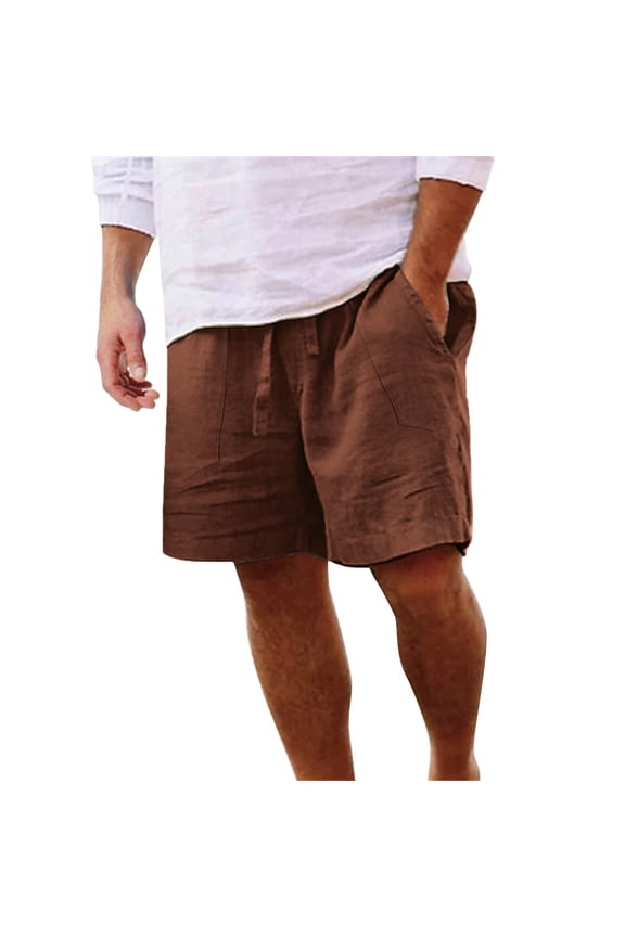 Men Relaxed Fit Linen Look Casual Shorts, Drawstring Elastic Waist Deep Side Pockets Lightweight Polyester Summer Beach Daily Street Lounge Shorts Coffee L