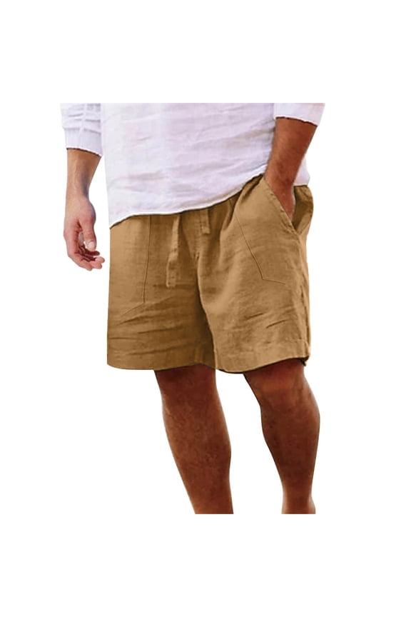 Men Relaxed Fit Linen Look Casual Shorts, Drawstring Elastic Waist Deep Side Pockets Lightweight Polyester Summer Beach Daily Street Lounge Shorts Khaki XXL