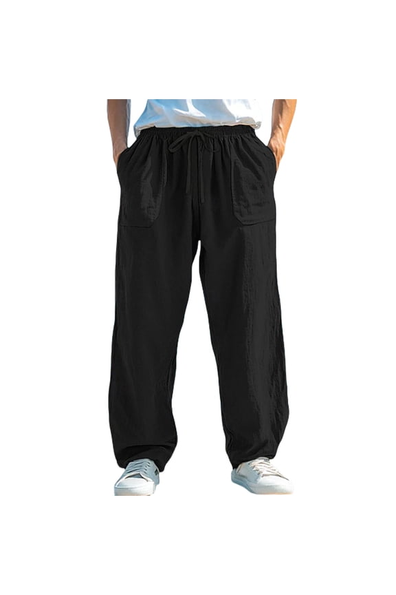 Men Relaxed Fit Wide Leg Casual Pants, Drawstring Elastic Waist Lightweight Stretch Breathable Polyester Trousers, Pure Color Versatile Everyday Sports Outing Pants Black XXL