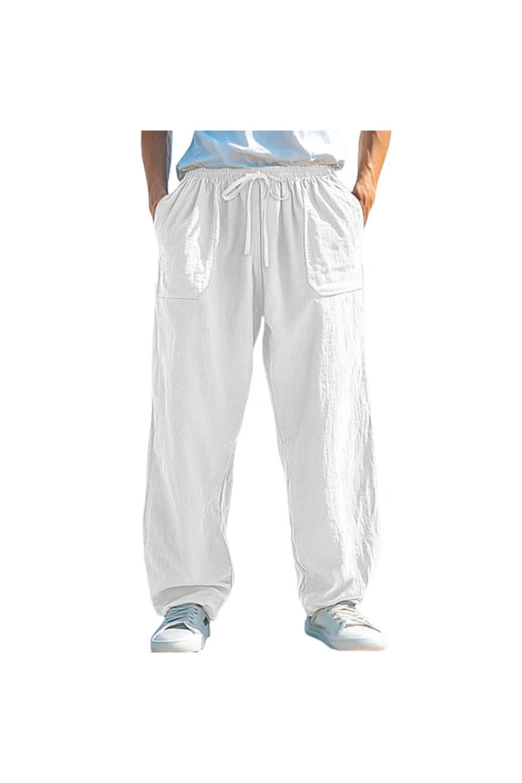 Men Relaxed Fit Wide Leg Casual Pants, Drawstring Elastic Waist Lightweight Stretch Breathable Polyester Trousers, Pure Color Versatile Everyday Sports Outing Pants White XXL