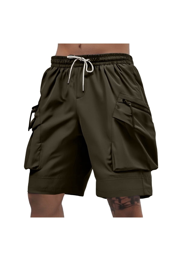 Men Slim Fit Streetwear Cargo Shorts, Drawstring Elastic Waist Zipper Large Utility Pockets Lightweight Polyester Summer Workwear Casual Half Length Shorts Khaki M