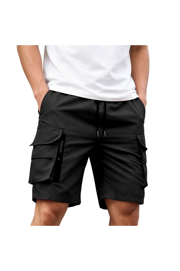 Men Solid Color Cargo Shorts, Drawstring Elastic Waist Zipper Side Pockets Lightweight Breathable Polyester Relaxed Fit Daily Outdoor Casual Workout Shorts Black M