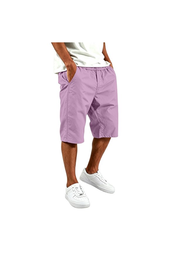 Men Solid Color Relaxed Fit Knee Length Work Shorts, Drawstring Elastic Waist Deep Side Pockets Lightweight Polyester Summer Daily Casual Everyday Shorts Purple XXXL