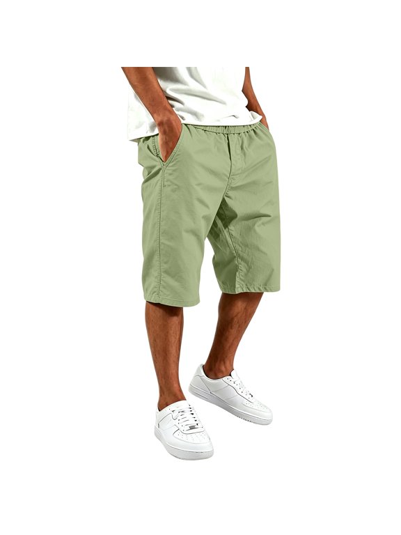 Men Solid Color Relaxed Fit Knee Length Work Shorts, Drawstring Elastic Waist Deep Side Pockets Lightweight Polyester Summer Daily Casual Everyday Shorts Green S