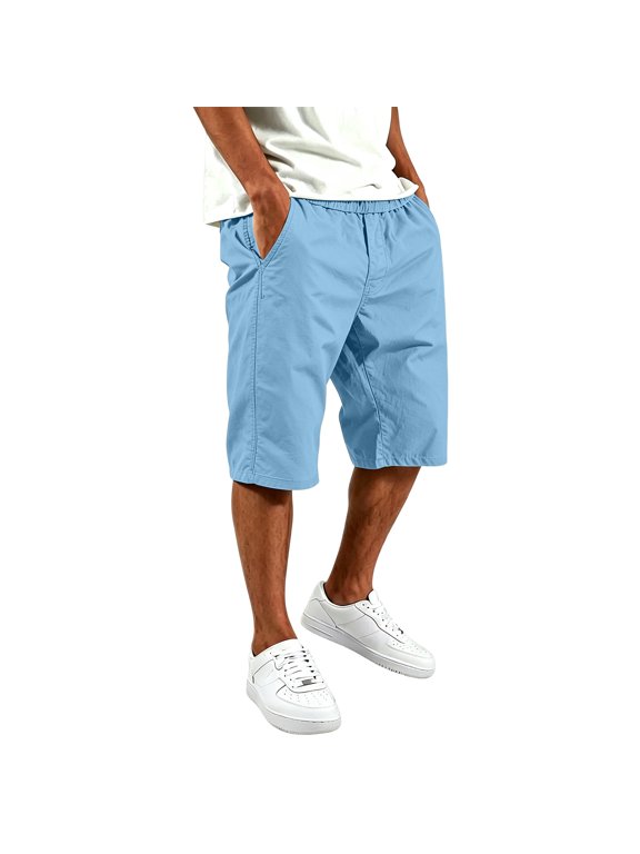 Men Solid Color Relaxed Fit Knee Length Work Shorts, Drawstring Elastic Waist Deep Side Pockets Lightweight Polyester Summer Daily Casual Everyday Shorts Sky Blue XL