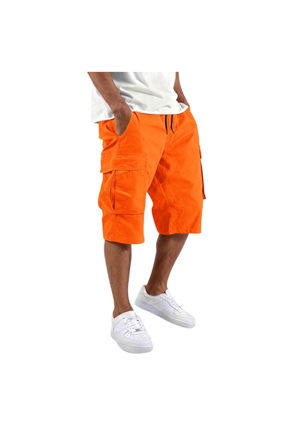 Men Solid Color Utility Cargo Capri Shorts, Drawstring Elastic Waist Multi Side Pockets Lightweight Polyester Relaxed Fit Everyday Summer Casual Cropped Shorts Orange XL