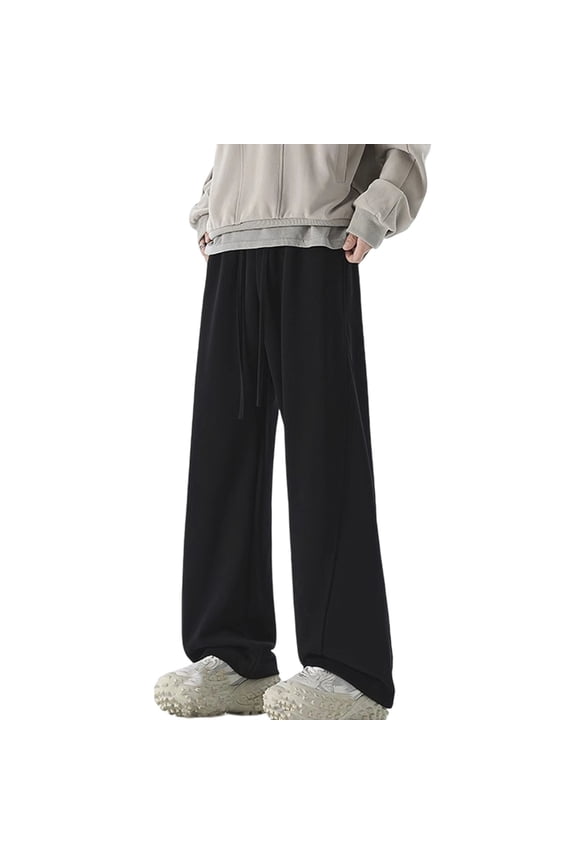 Men Solid Color Wide Leg Casual Pants, Adjustable Drawstring Elastic Waist Loose Fit Polyester Trousers, Breathable Fashion Spring Summer Daily Lounge Long Pants Black XXL
