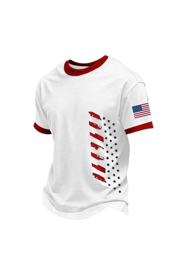 Men’s Distressed USA Flag Ringer Crew Neck T-Shirt, Independence Day Patriotic Loose Fit Short Sleeve Casual Summer Tee White XXXL