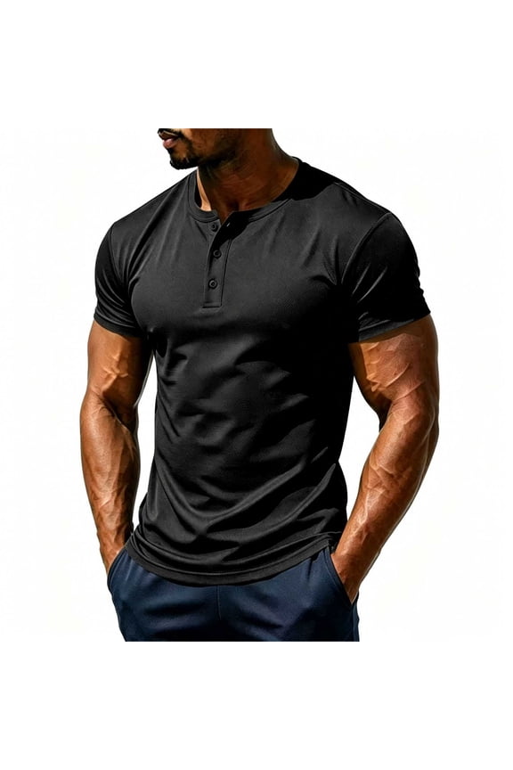Men Solid Mesh Henley Short Sleeve T-Shirt, Breathable Button Placket Casual Summer Workout Basic Tee Black S
