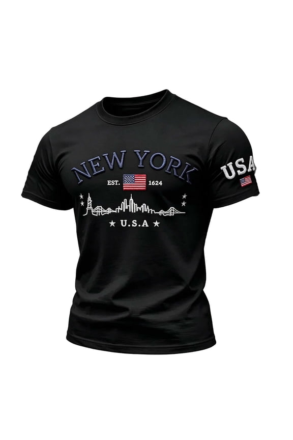 Men New York City Skyline USA Flag Graphic Crew Neck T-Shirt, Casual Loose Fit Short Sleeve Summer Patriotic Daily Tee Black XXXL