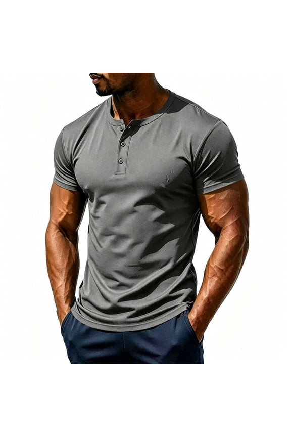Men Solid Mesh Henley Short Sleeve T-Shirt, Breathable Button Placket Casual Summer Workout Basic Tee Grey L