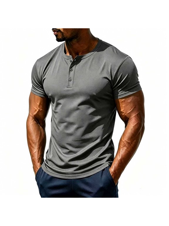 Men Solid Mesh Henley Short Sleeve T-Shirt, Breathable Button Placket Casual Summer Workout Basic Tee Grey M