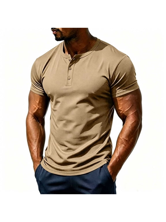 Men Solid Mesh Henley Short Sleeve T-Shirt, Breathable Button Placket Casual Summer Workout Basic Tee Khaki L