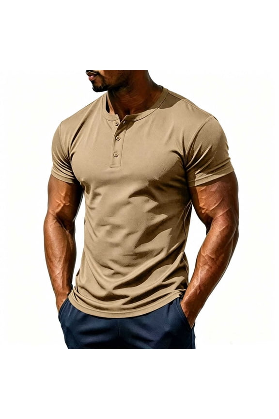 Men Solid Mesh Henley Short Sleeve T-Shirt, Breathable Button Placket Casual Summer Workout Basic Tee Khaki M