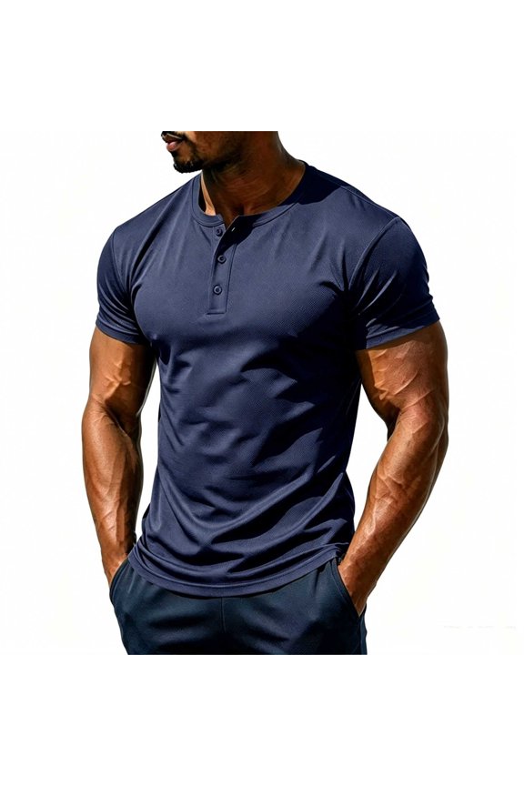 Men Solid Mesh Henley Short Sleeve T-Shirt, Breathable Button Placket Casual Summer Workout Basic Tee Navy M