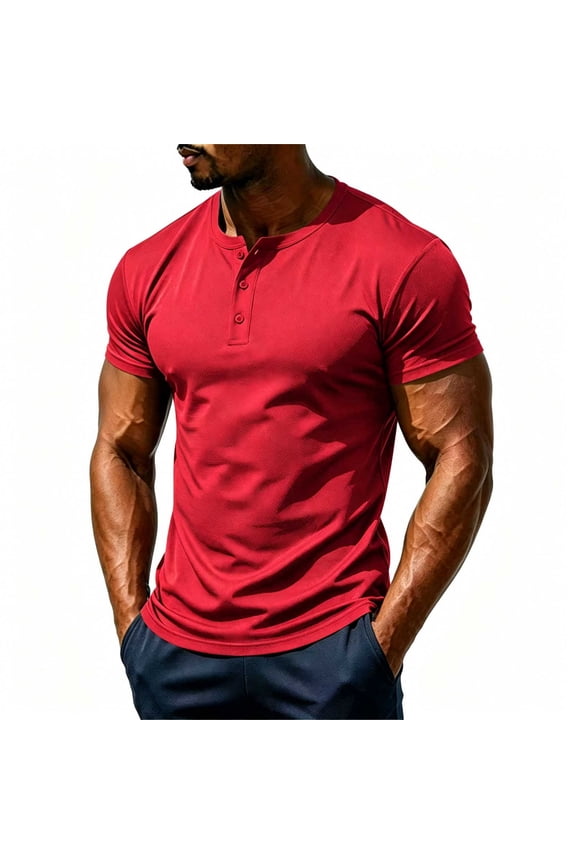 Men Solid Mesh Henley Short Sleeve T-Shirt, Breathable Button Placket Casual Summer Workout Basic Tee Red XL