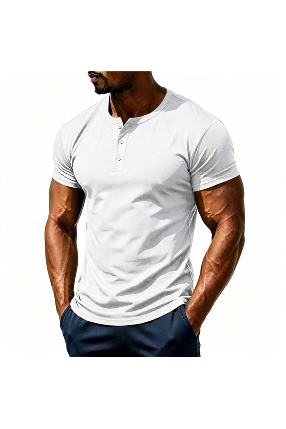 Men Solid Mesh Henley Short Sleeve T-Shirt, Breathable Button Placket Casual Summer Workout Basic Tee White XL