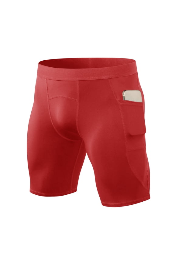 Men Spandex Compression Shorts With Side Pockets, Quick Dry Moisture Wicking 4-Way Stretch Tight Athletic Running Gym Workout Cycling Sports Underwear Shorts Red M