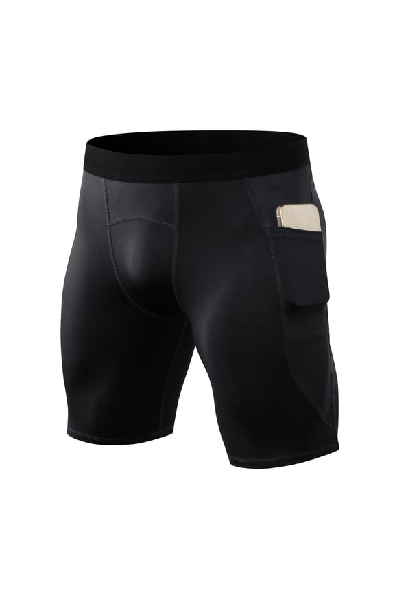 Men Spandex Compression Shorts With Side Pockets, Quick Dry Moisture Wicking 4-Way Stretch Tight Athletic Running Gym Workout Cycling Sports Underwear Shorts Black XL