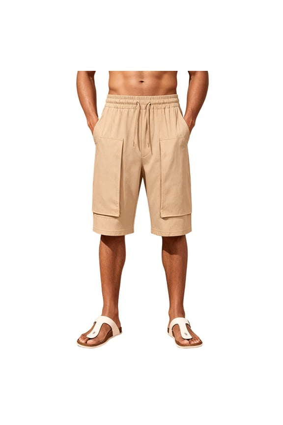 Men Summer Lightweight Stretch Knee Length Cargo Shorts, Drawstring Elastic Waist Large Side Pockets Breathable Polyester Solid Color Beach Workout Casual Shorts Khaki M