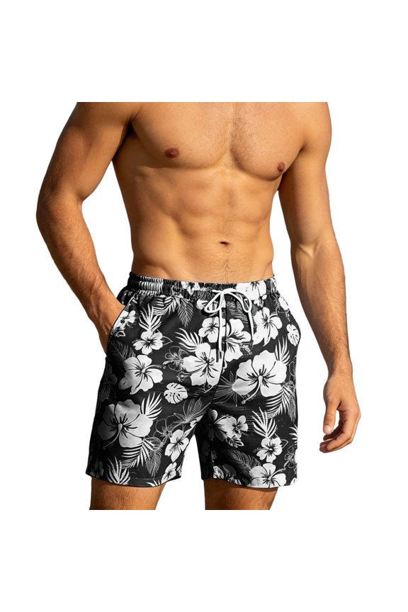 Men Tropical Floral Print Quick Dry Beach Swim Trunks, Drawstring Elastic Waist Secure Side Pockets Lightweight Relaxed Fit Vacation Summer Casual Shorts Black L