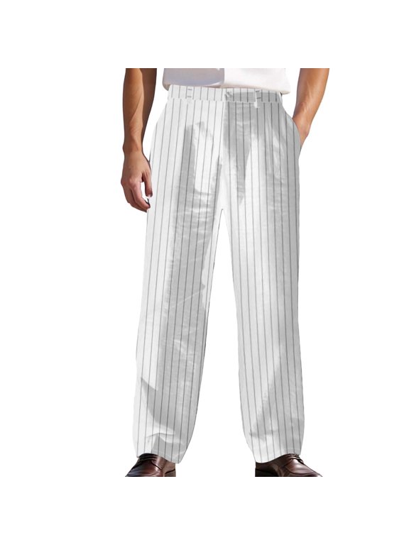 Men Vertical Stripe Linen Suit Pants, Button Zip Fly Loose Straight Leg Breathable Trousers, Fashion All-Season Daily Outdoor Vacation Casual Men’s Dress Pants White M