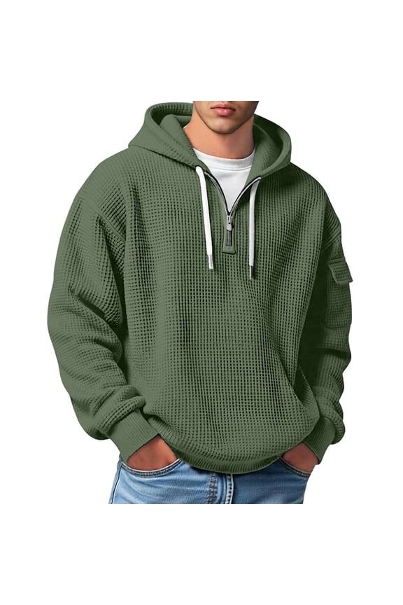 Men Waffle Knit Quarter Zip Pullover Hoodie, Drawstring Hood Side Pocket Solid Polyester Regular Fit All-Season Casual Long Sleeve Sweatshirt Dark Green XS