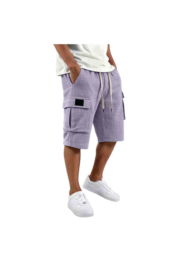 Men Waffle Knit Solid Cargo Casual Shorts, Drawstring Elastic Waist Lightweight Breathable Polyester Relaxed Fit Summer Everyday Lounge Outdoor Shorts Purple S