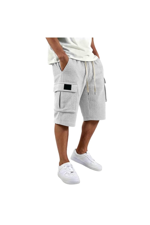 Men Waffle Knit Solid Cargo Casual Shorts, Drawstring Elastic Waist Lightweight Breathable Polyester Relaxed Fit Summer Everyday Lounge Outdoor Shorts Light Gray L