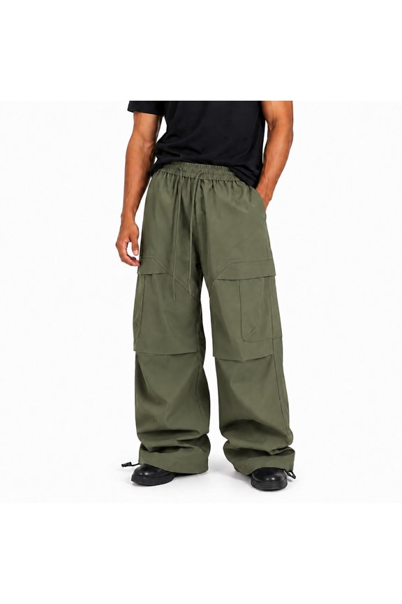 Men Wide Leg Cargo Joggers, Drawstring Elastic Waist Multi Patch Pockets Adjustable Ankle Lightweight Polyester Outdoor Hiking Workout Athletic Casual Pants Army Green L
