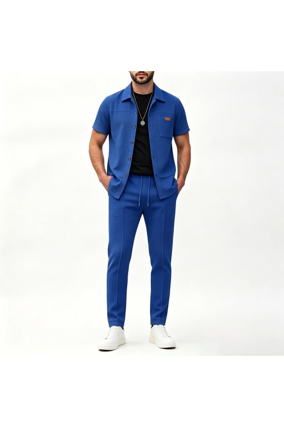 Men's 2-Piece Casual Waffle Knit Outfit, Short Sleeve Button-Down Shirt & Drawstring Pants Set, Modern Smart-Casual Ensemble Blue M