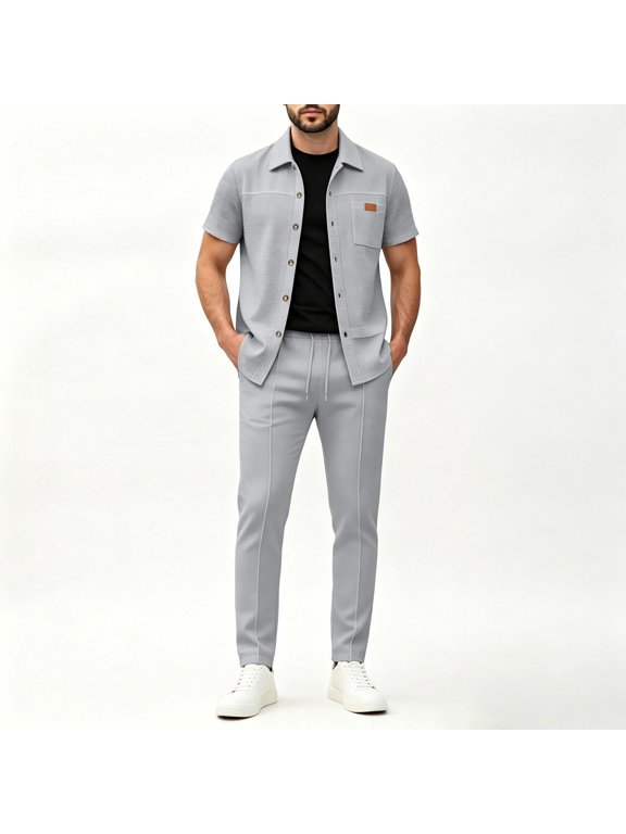 Men's 2-Piece Casual Waffle Knit Outfit, Short Sleeve Button-Down Shirt & Drawstring Pants Set, Modern Smart-Casual Ensemble Grey S